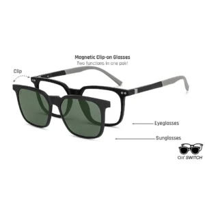 Green Black full rim square aisunglasses Air switch clip Eyeglasses.